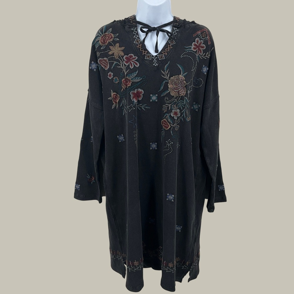 Caite Tunic Dress Womens S Black Embroidered Boho Thermal Hooded Boho Oversized